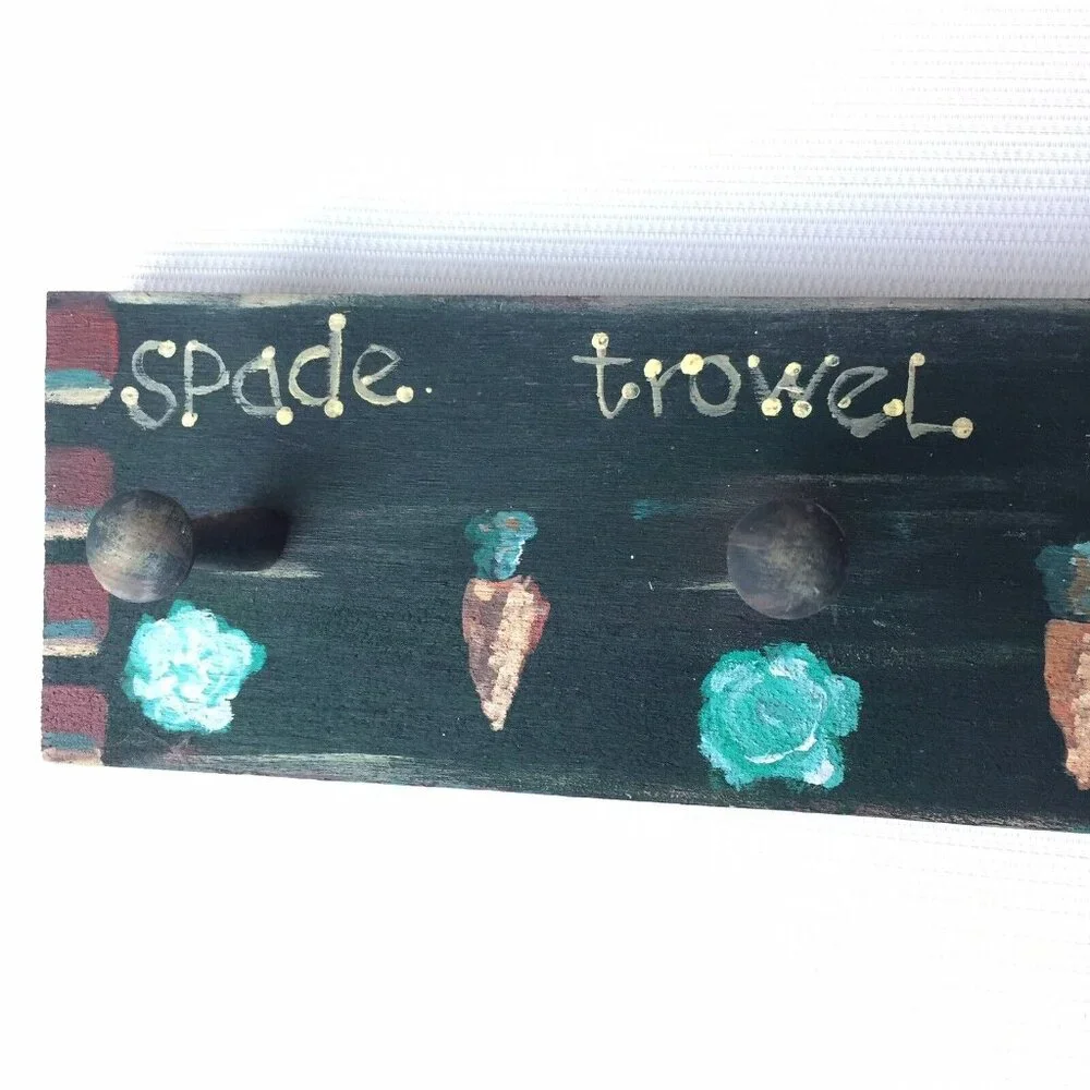 Garden Lover Gift Wooden Tool Rack Handmade Craft Wall Hanging Painted 4 Hooks